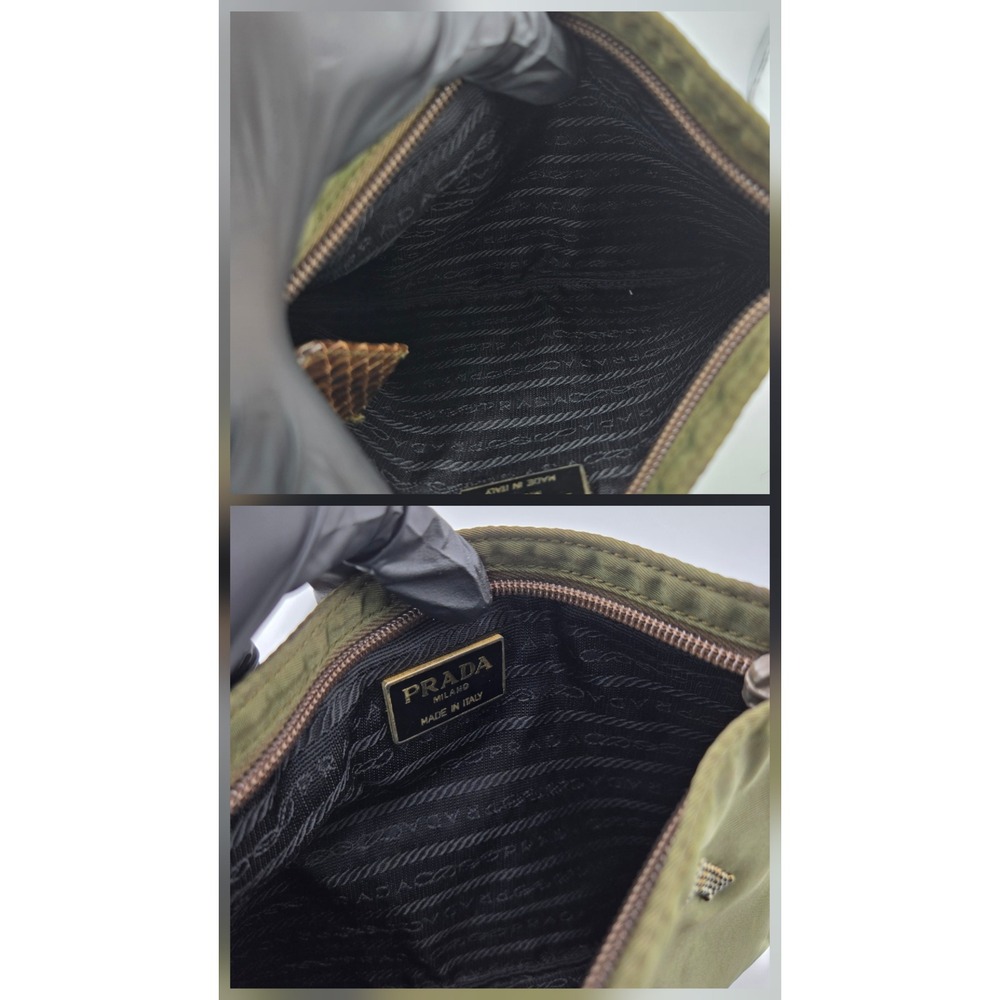 Prada Olive Green Nylon Beaded Logo Pouch Makeup Bag Clutch Milano Italy - Picture 4 of 8